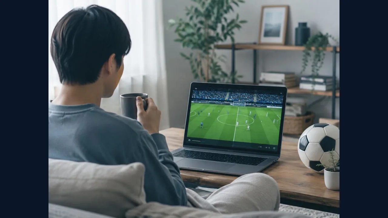 Person watching a soccer match on a laptop at home